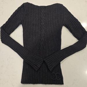 Authentic Chanel Cable Cashmere Wool Boatneck Sweater CC Logo 34 Extra Small